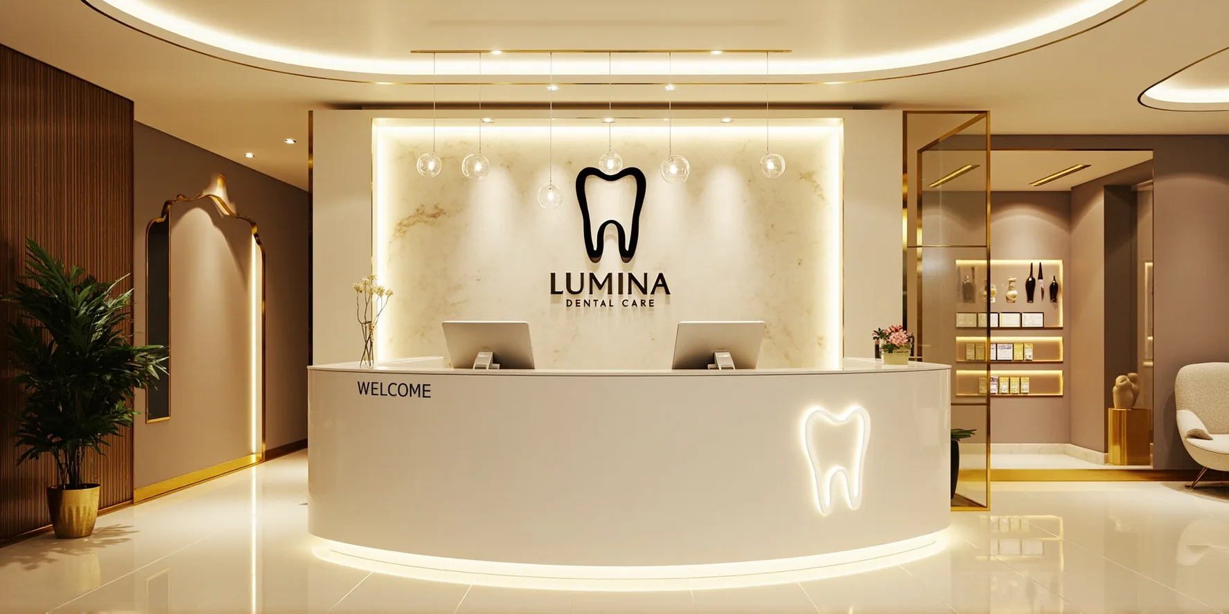 Modern dental clinic reception with white desk, plant, gold accents, and Lumina Dental Care logo on wall.
